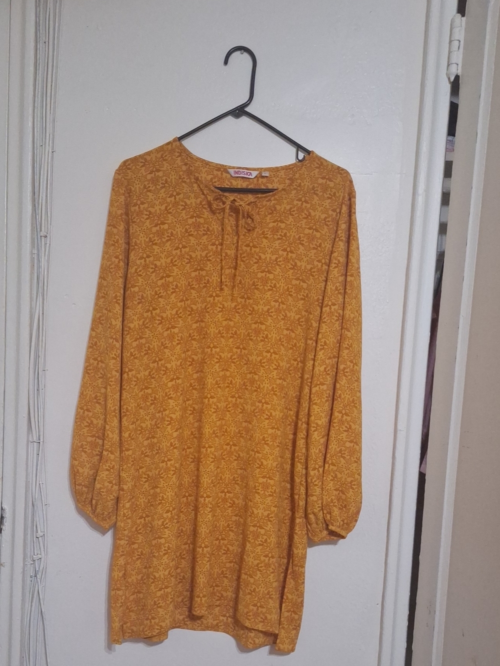 Indiska Women's Mustard Long-Sleeve Tie-Neck Dress